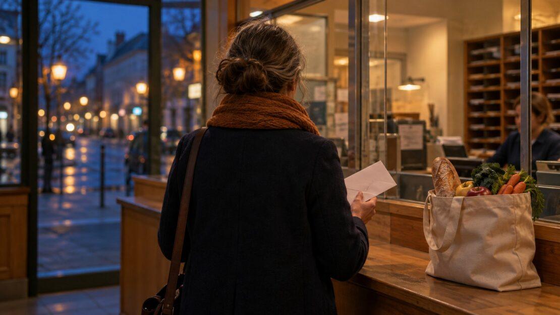Donna allo sportello dell ufficio postale con una busta e la borsa della spesa