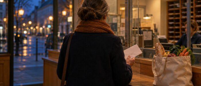 Donna allo sportello dell ufficio postale con una busta e la borsa della spesa