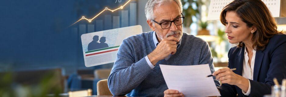 Pensionato e consulente esaminano un contratto di prestito con cessione del quinto