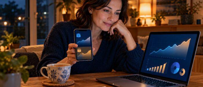 Donna confronta sul telefono e sul laptop i rendimenti dei conti di risparmio
