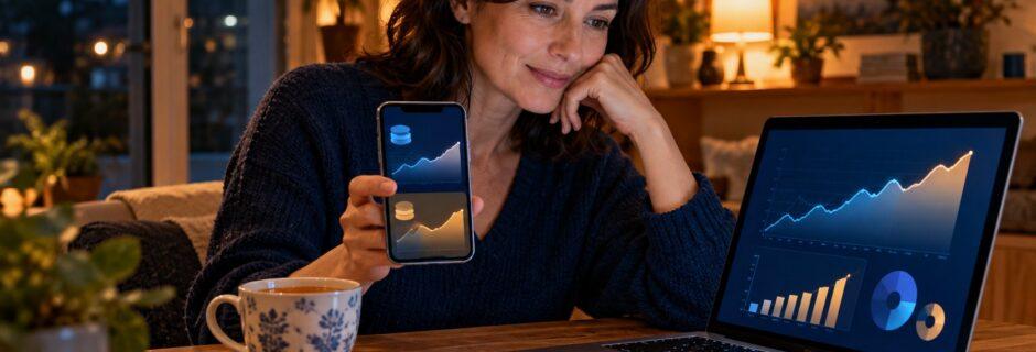 Donna confronta sul telefono e sul laptop i rendimenti dei conti di risparmio