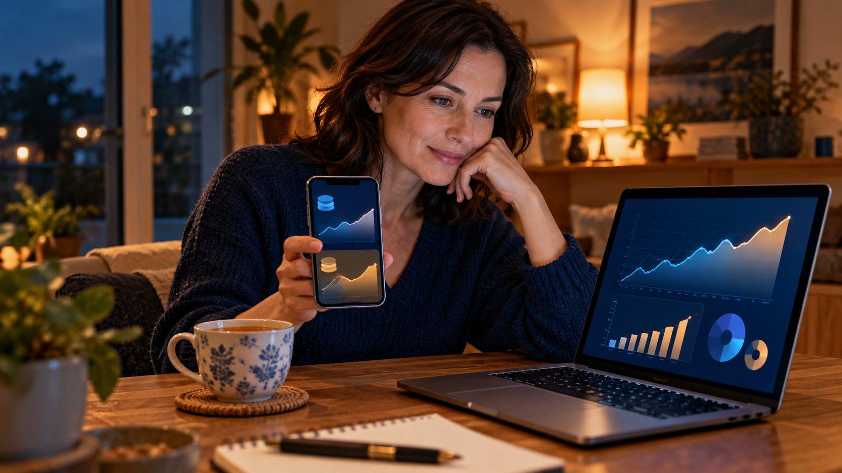 Donna confronta sul telefono e sul laptop i rendimenti dei conti di risparmio