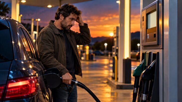 Automobilista preoccupato fa rifornimento di gasolio al distributore