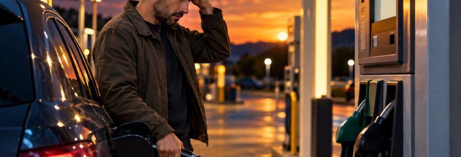 Automobilista preoccupato fa rifornimento di gasolio al distributore