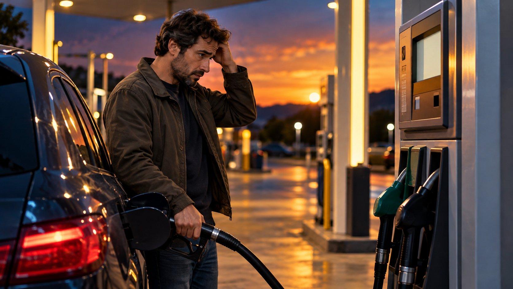 Automobilista preoccupato fa rifornimento di gasolio al distributore