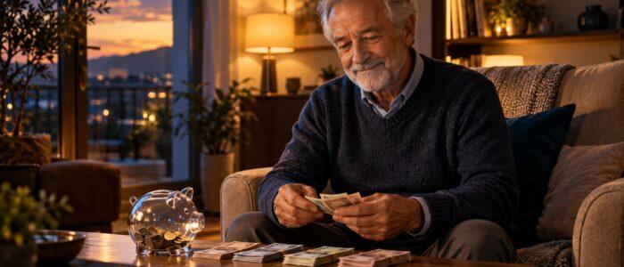 Pensionato conta le banconote accanto a un salvadanaio di vetro