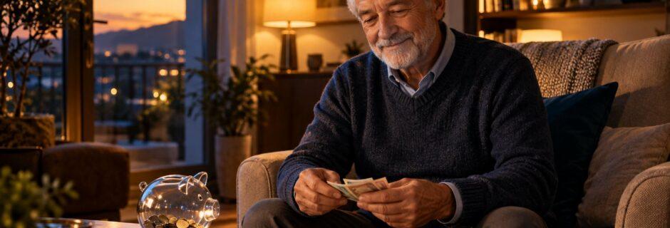 Pensionato conta le banconote accanto a un salvadanaio di vetro