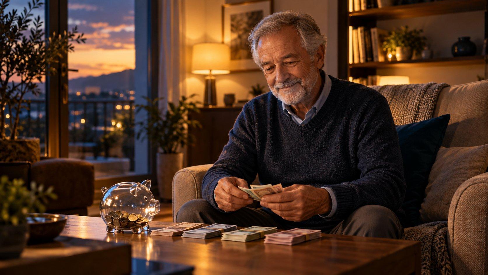 Pensionato conta le banconote accanto a un salvadanaio di vetro