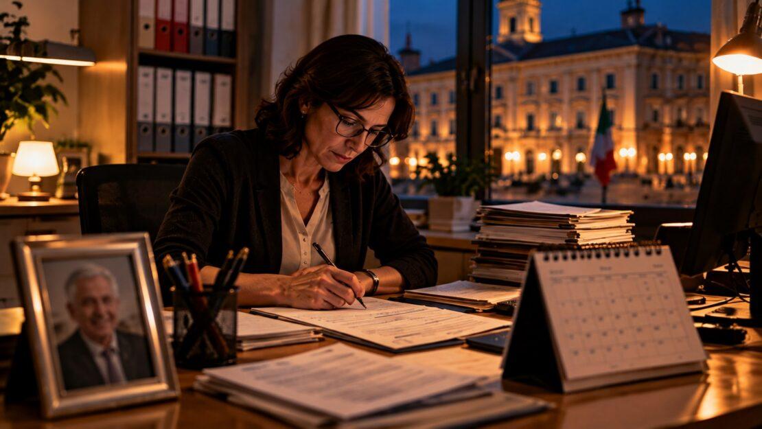 Dipendente pubblica compila un modulo alla scrivania di un ufficio comunale