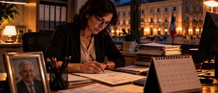 Dipendente pubblica compila un modulo alla scrivania di un ufficio comunale