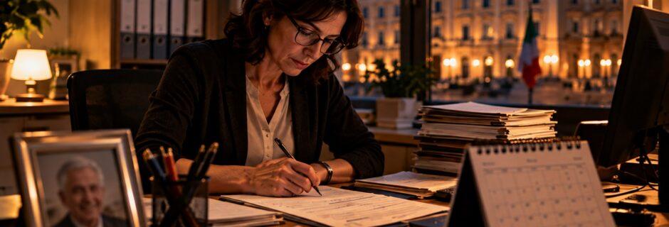 Dipendente pubblica compila un modulo alla scrivania di un ufficio comunale
