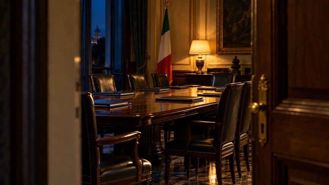 Sala riunioni istituzionale con tavolo, cartelline e bandiera italiana