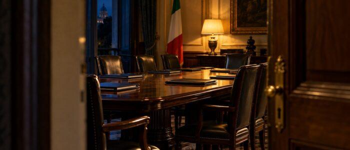 Sala riunioni istituzionale con tavolo, cartelline e bandiera italiana