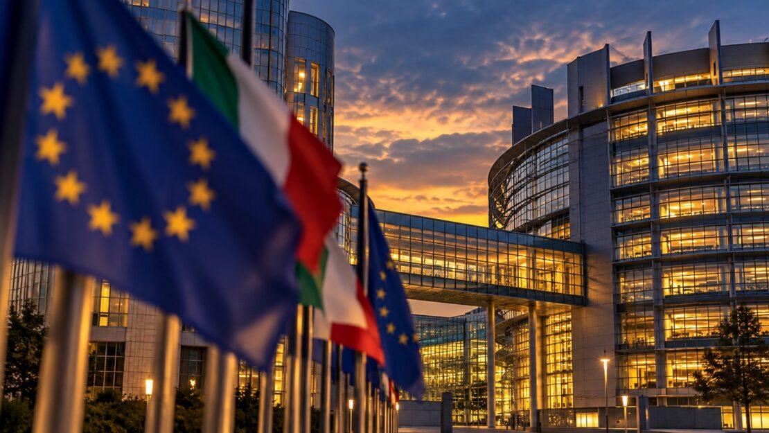 Bandiere europee e italiane davanti a un palazzo istituzionale Ue al tramonto