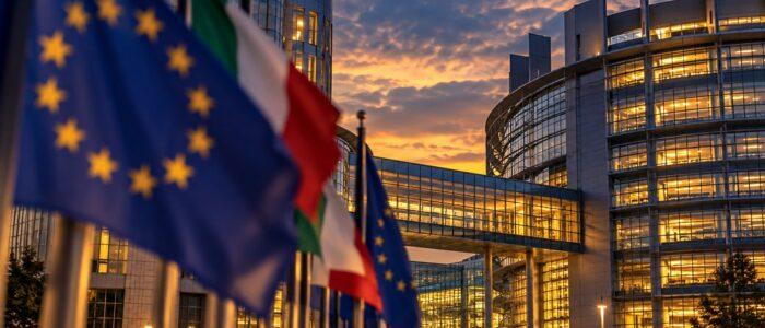 Bandiere europee e italiane davanti a un palazzo istituzionale Ue al tramonto