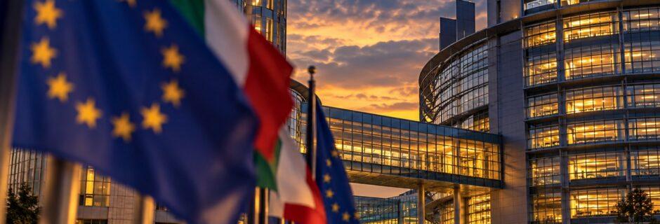 Bandiere europee e italiane davanti a un palazzo istituzionale Ue al tramonto