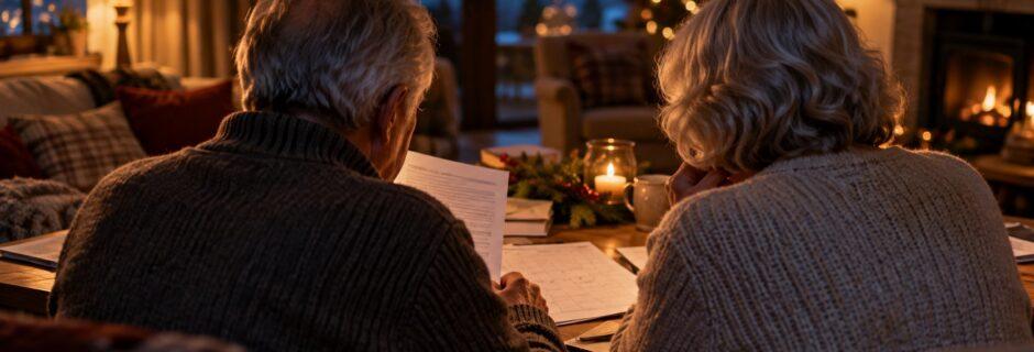 Coppia di pensionati che consulta documenti al tavolo del soggiorno