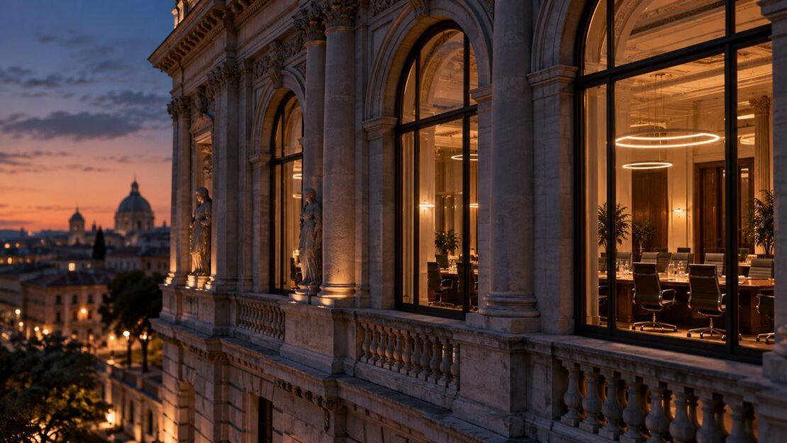 Facciata di un palazzo storico bancario con sala riunioni illuminata