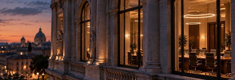 Facciata di un palazzo storico bancario con sala riunioni illuminata