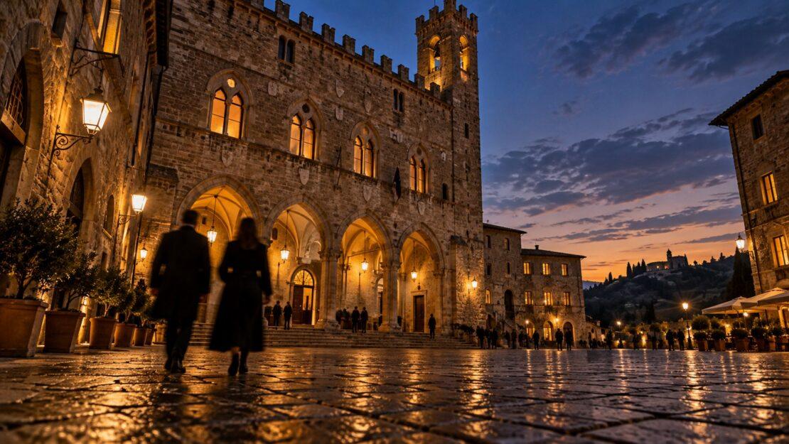 Piazza medievale toscana con palazzo storico illuminato al crepuscolo
