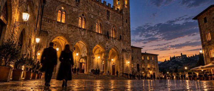 Piazza medievale toscana con palazzo storico illuminato al crepuscolo