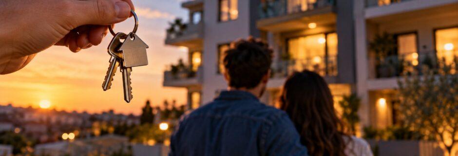 Coppia davanti a una palazzina al tramonto con le chiavi di casa in primo piano