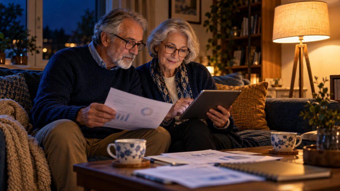 Coppia di pensionati sul divano consulta documenti e tablet