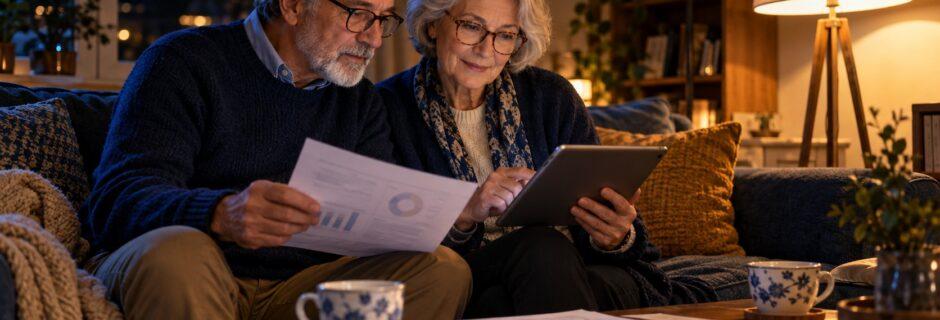 Coppia di pensionati sul divano consulta documenti e tablet