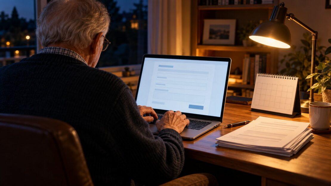 Un pensionato compila la dichiarazione dei redditi online al computer, di sera nel suo studio