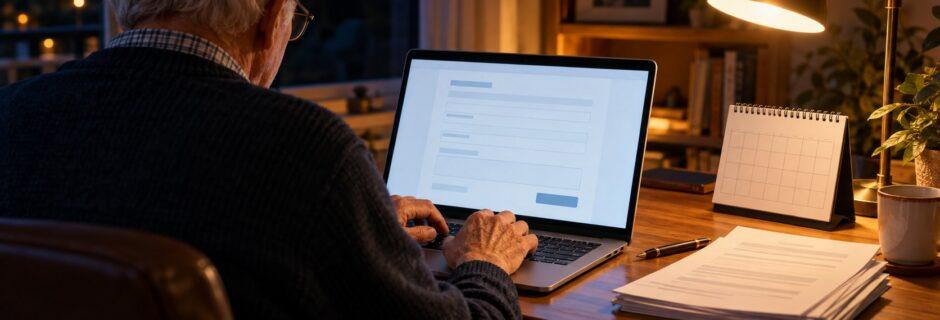 Un pensionato compila la dichiarazione dei redditi online al computer, di sera nel suo studio