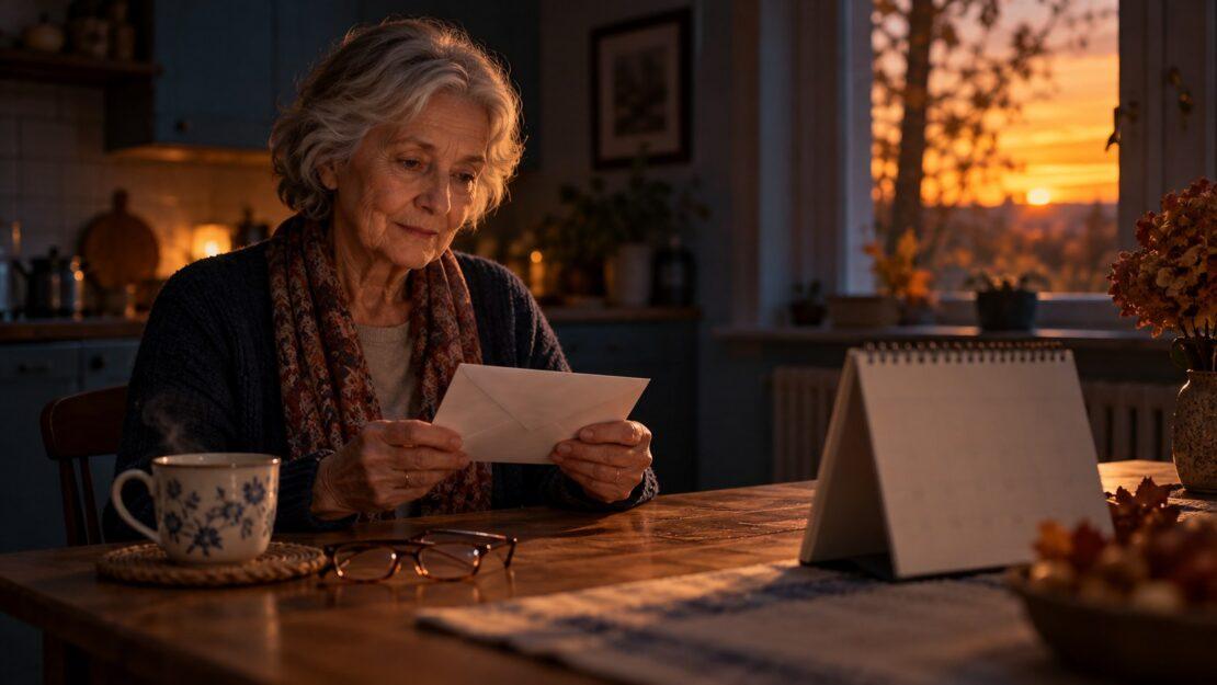 Pensionata in cucina legge una busta accanto al calendario al tramonto