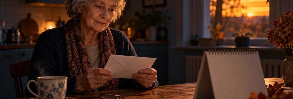 Pensionata in cucina legge una busta accanto al calendario al tramonto