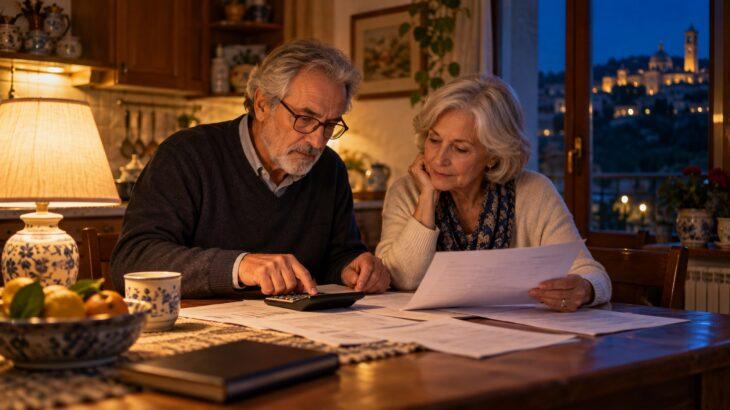 Coppia di pensionati controlla i conti con la calcolatrice al tavolo di cucina