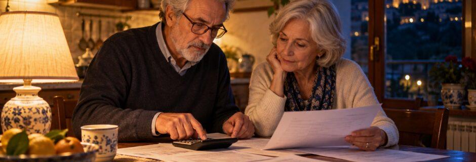 Coppia di pensionati controlla i conti con la calcolatrice al tavolo di cucina
