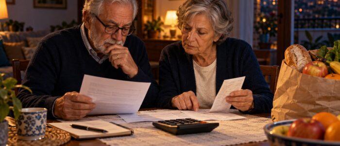 Coppia di pensionati controlla il cedolino della pensione e lo scontrino della spesa