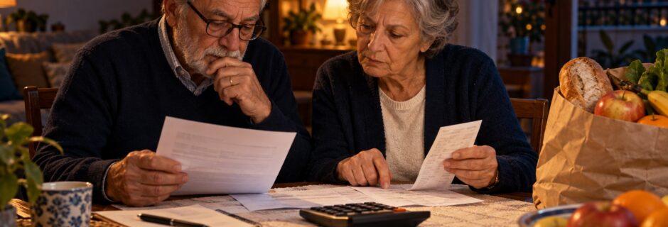 Coppia di pensionati controlla il cedolino della pensione e lo scontrino della spesa