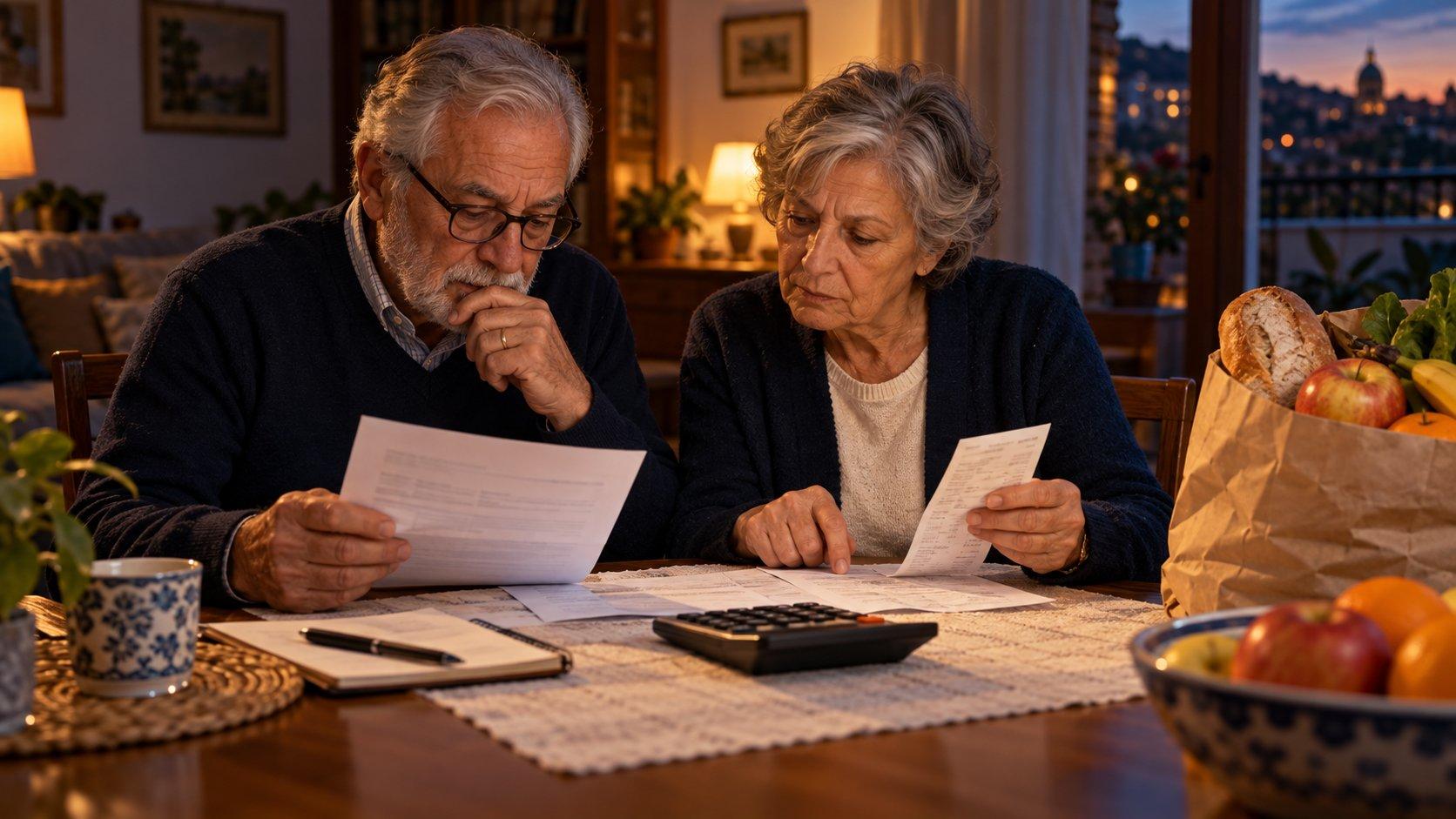 Coppia di pensionati controlla il cedolino della pensione e lo scontrino della spesa