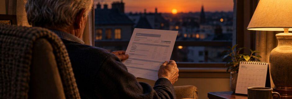 Pensionato in poltrona che legge il cedolino vicino alla finestra al tramonto