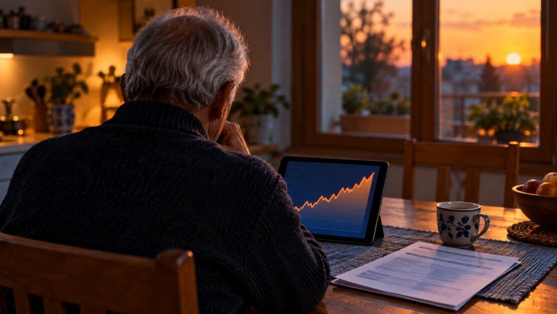 Pensionato che consulta un grafico dei prezzi sul tablet