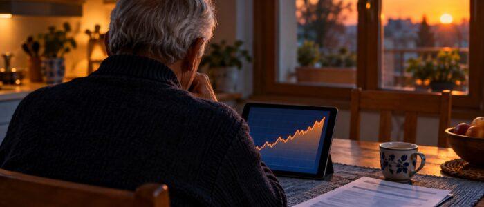 Pensionato che consulta un grafico dei prezzi sul tablet