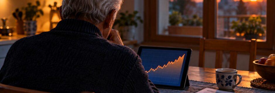Pensionato che consulta un grafico dei prezzi sul tablet