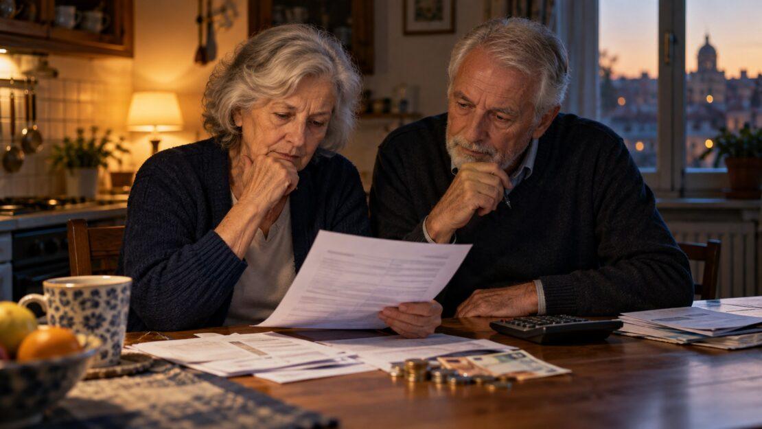 Coppia di pensionati che controlla documenti e conti al tavolo della cucina