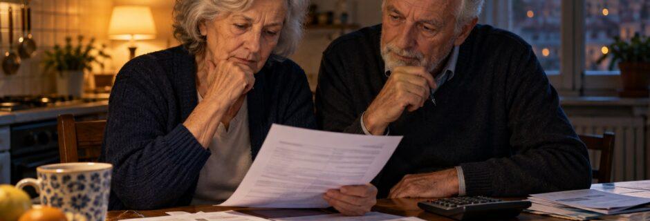 Coppia di pensionati che controlla documenti e conti al tavolo della cucina