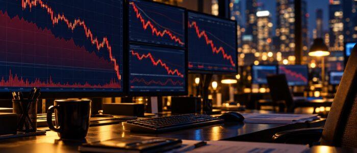 Monitor con grafici di Borsa in calo in una sala trading