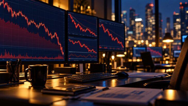 Monitor con grafici di Borsa in calo in una sala trading