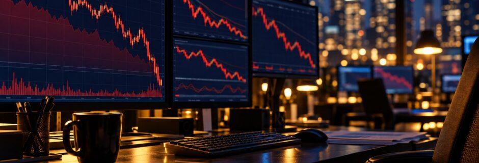 Monitor con grafici di Borsa in calo in una sala trading