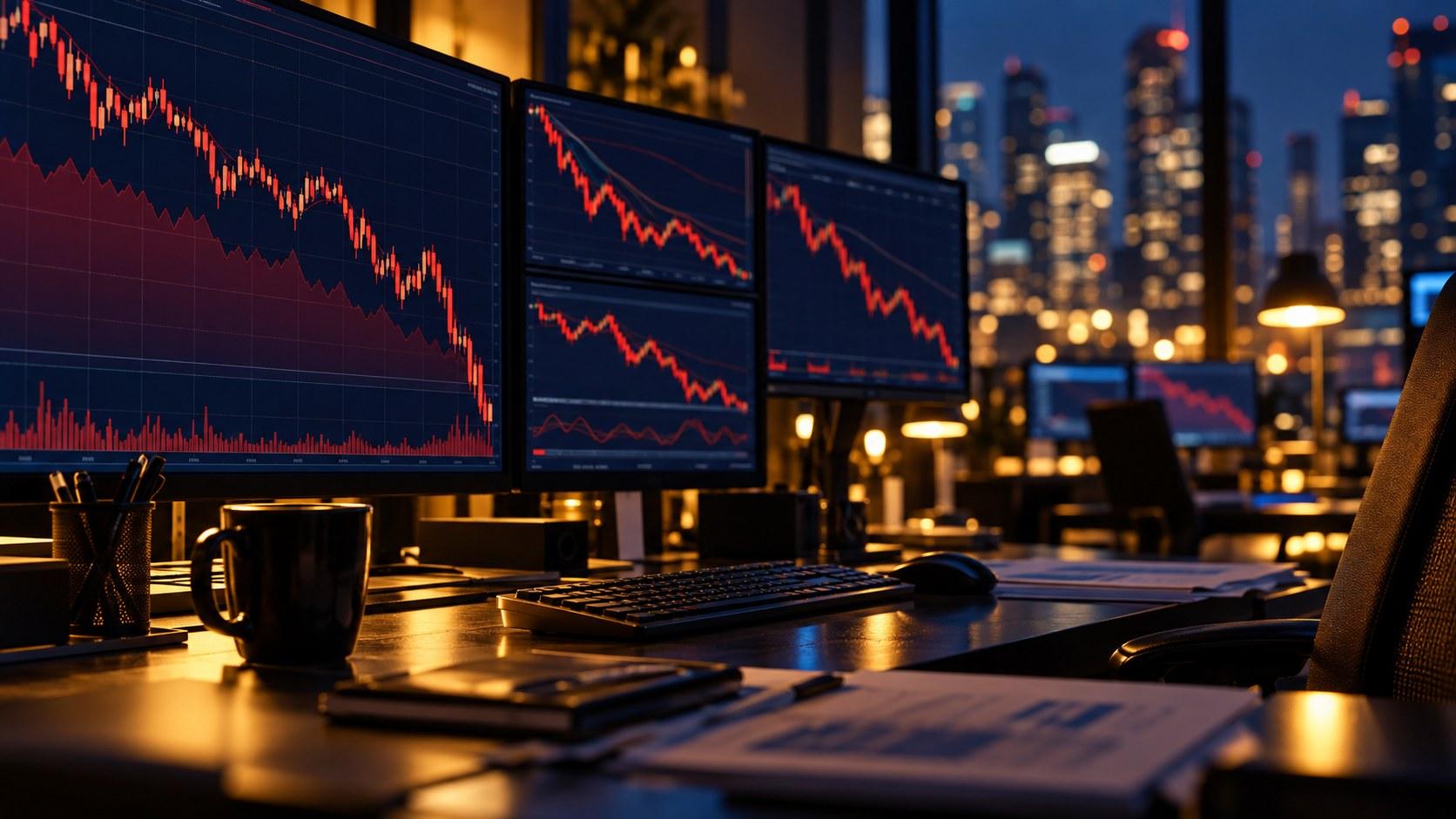Monitor con grafici di Borsa in calo in una sala trading