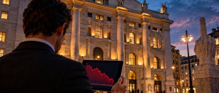 Operatore davanti a Palazzo Mezzanotte guarda sul tablet un grafico di Borsa in calo
