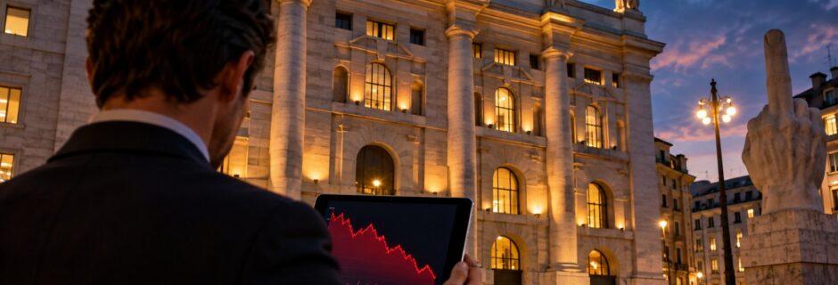 Operatore davanti a Palazzo Mezzanotte guarda sul tablet un grafico di Borsa in calo