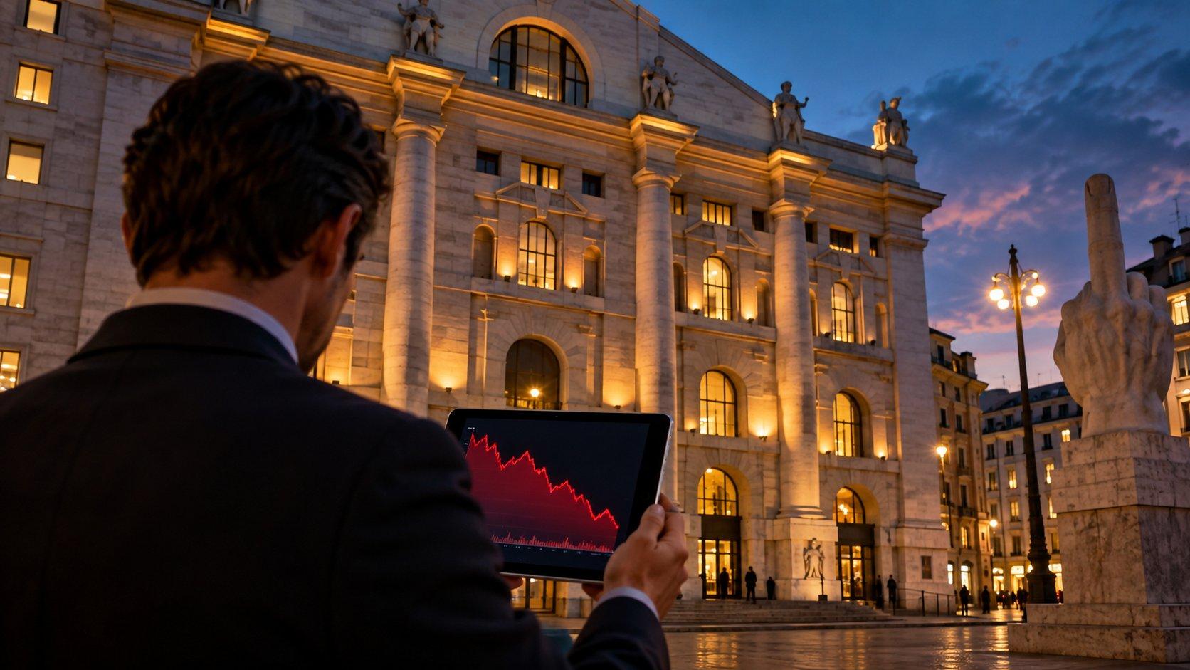 Operatore davanti a Palazzo Mezzanotte guarda sul tablet un grafico di Borsa in calo